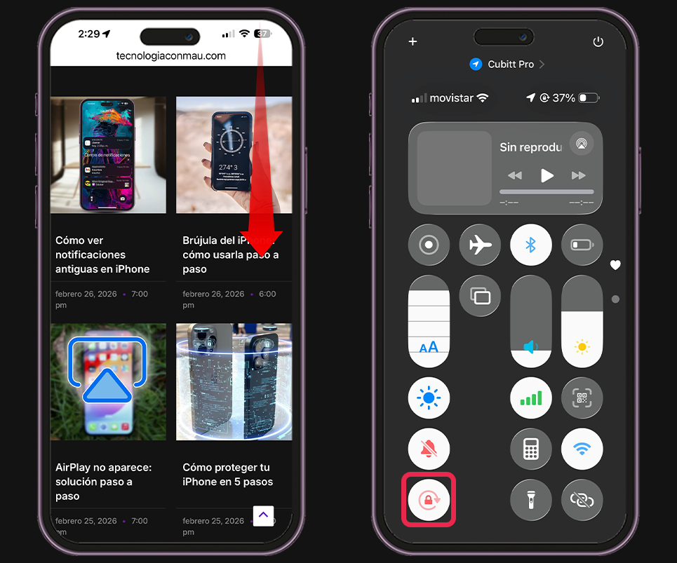 Pasos para desbloquear la rotación del iPhone