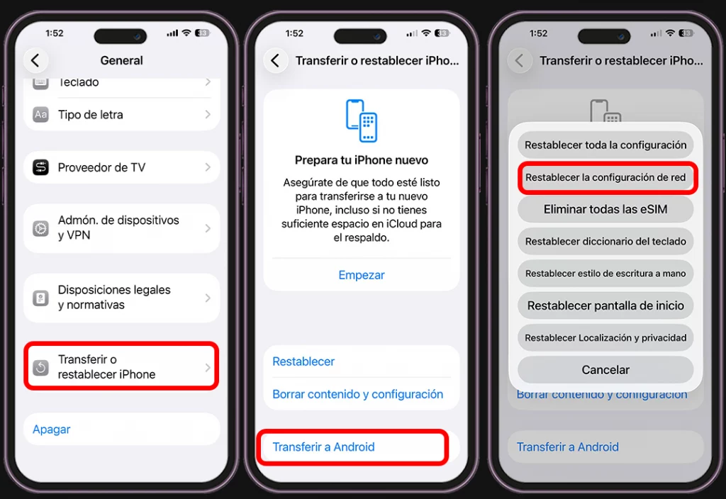 Restablece la configuración de red