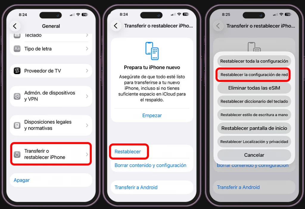Restablece los ajustes de red