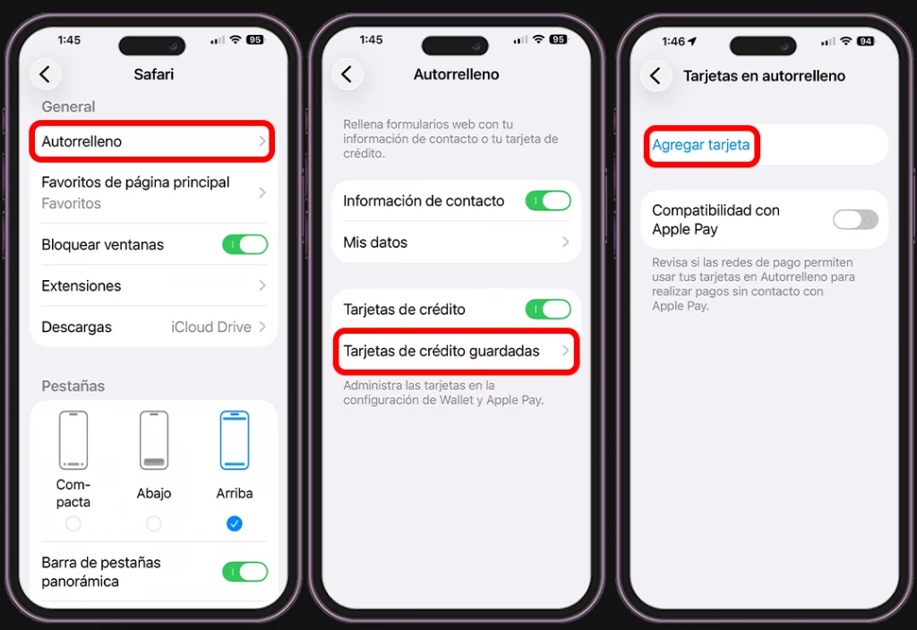 Autocompletado de iPhone no funciona - Revisa las tarjetas de crédito guardadas