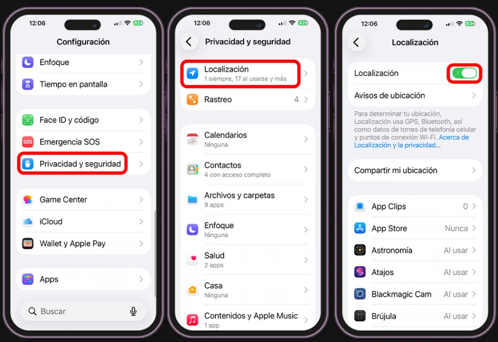 Hora incorrecta en iPhone - Revisa los Servicios de localización