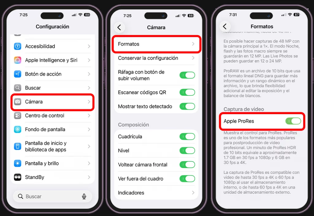 Configuración de iPhone para grabar videos - Activa Apple ProRes