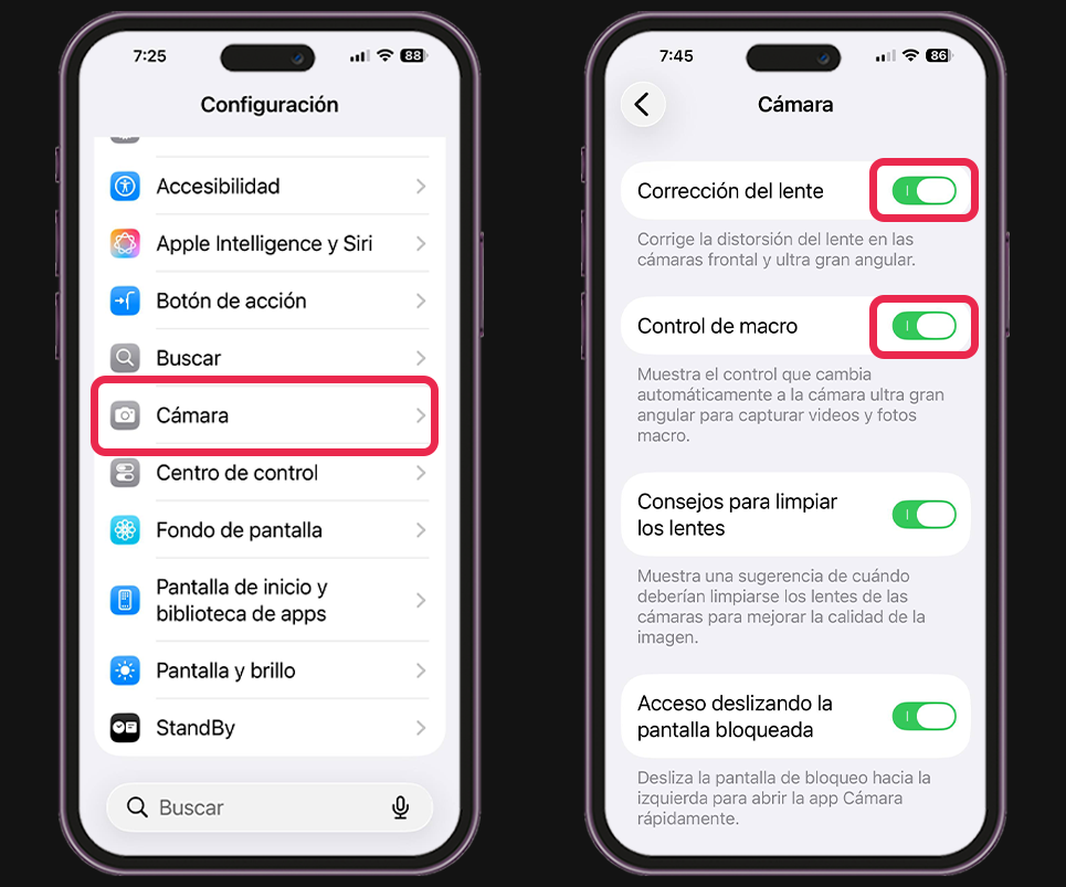 Configuración de iPhone para grabar videos - Activa corrección de lente y control macro