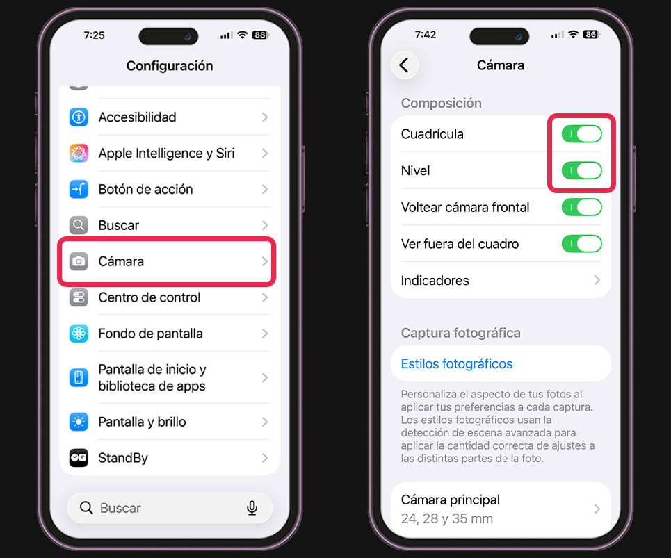 Configuración de iPhone para grabar videos - Activa cuadrícula y nivel para mejorar el encuadre