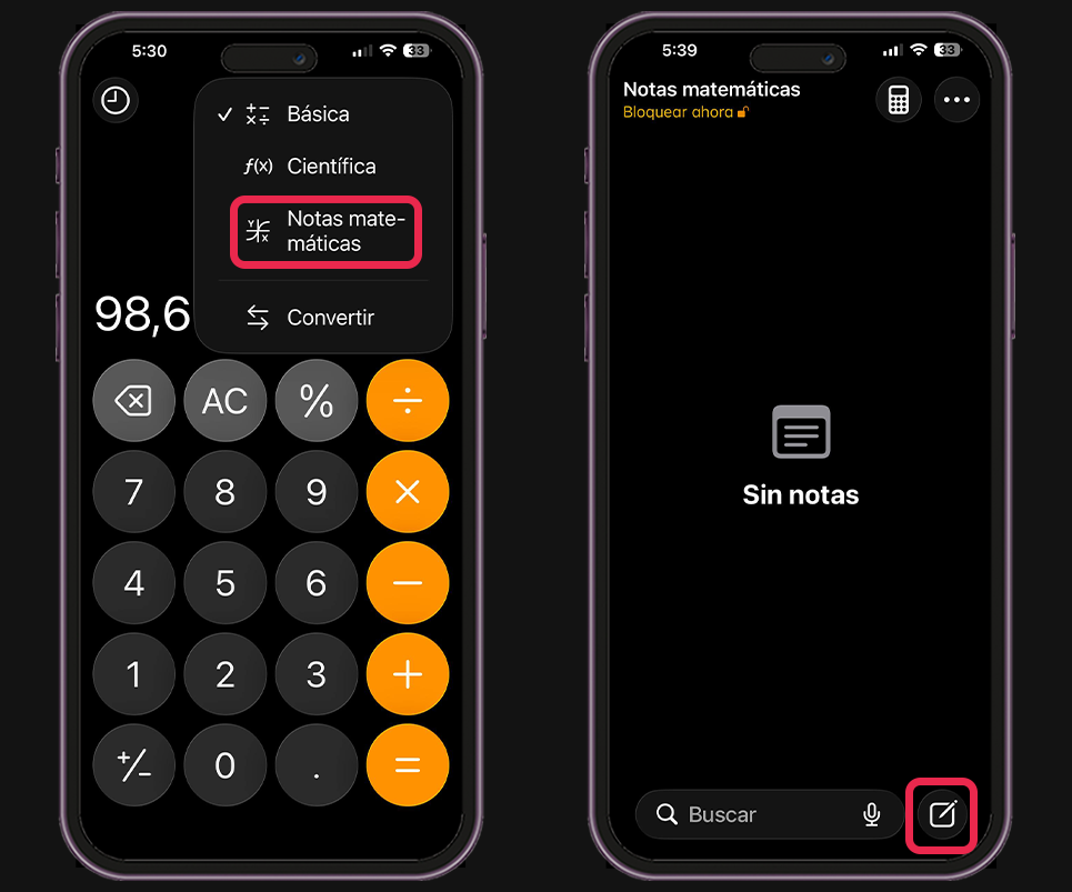 Método para esconder fotos en la calculadora del iPhone - Cambia a "Notas matemáticas"