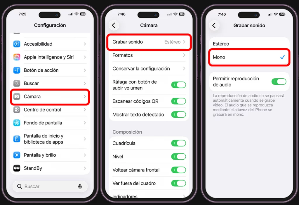 Configuración de iPhone para grabar videos - Cambia el audio de estéreo a mono