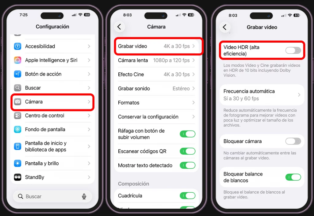 Configuración de iPhone para grabar videos - Desactiva el HDR