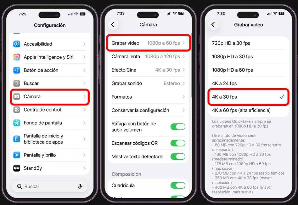 Configuración de iPhone para grabar videos - Graba en 4K a 30 fps