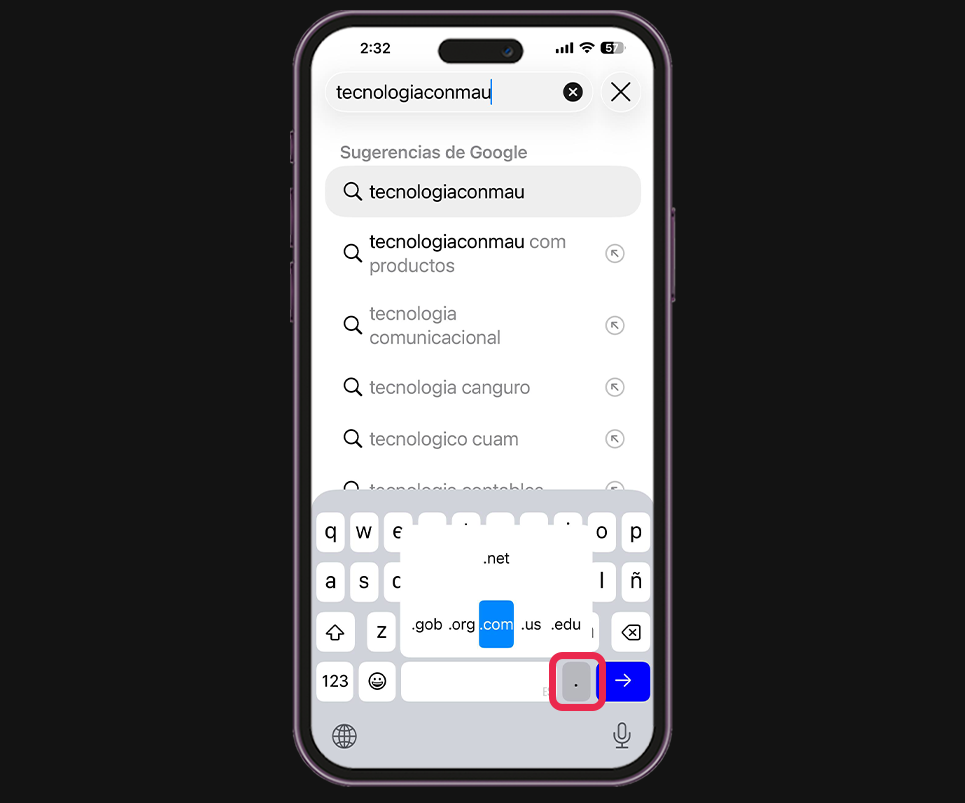 Trucos del teclado del iPhone - Mantén presionado el punto para escribir páginas web