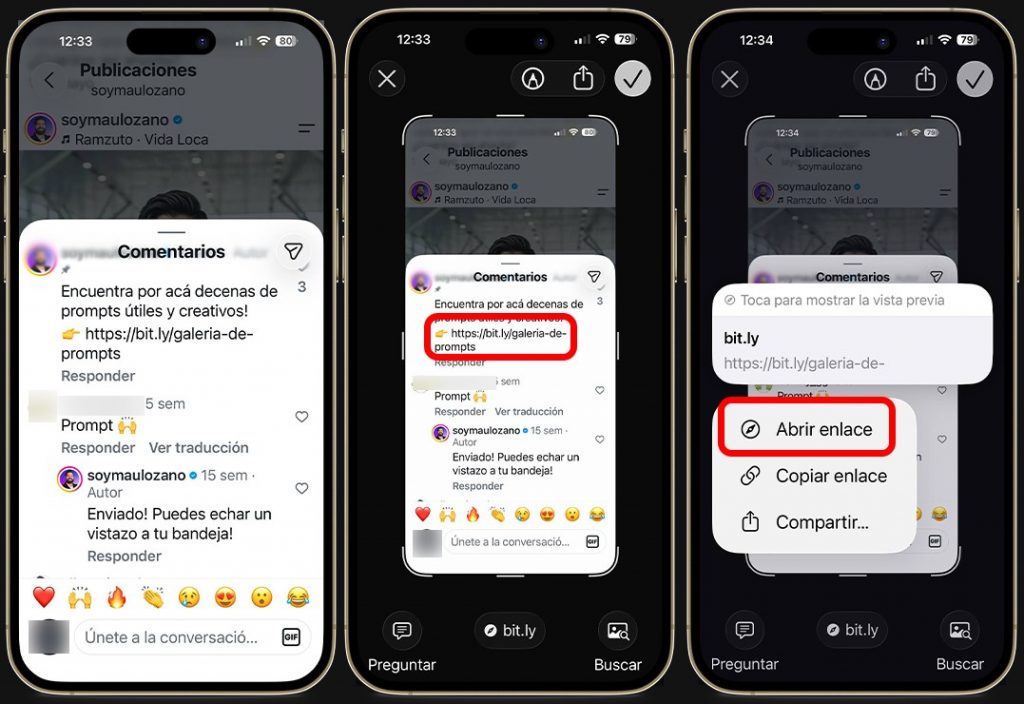 Truco para abrir links no cliqueables en Instagram