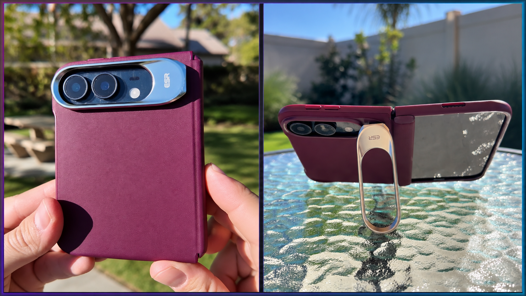 Dos vistas reales del case ESR Atelier para iPhone Duo: acabado borgoña y soporte metálico desplegado