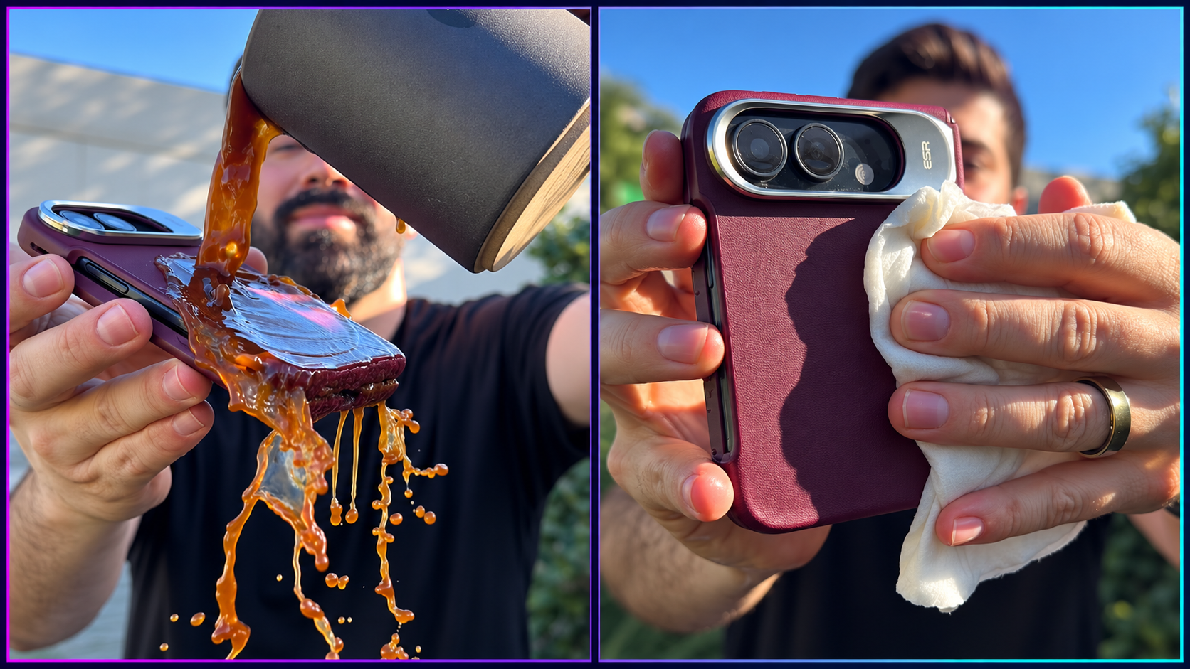 Prueba real del case ESR Atelier para iPhone Pro: café derramado y limpieza del cuero vegano