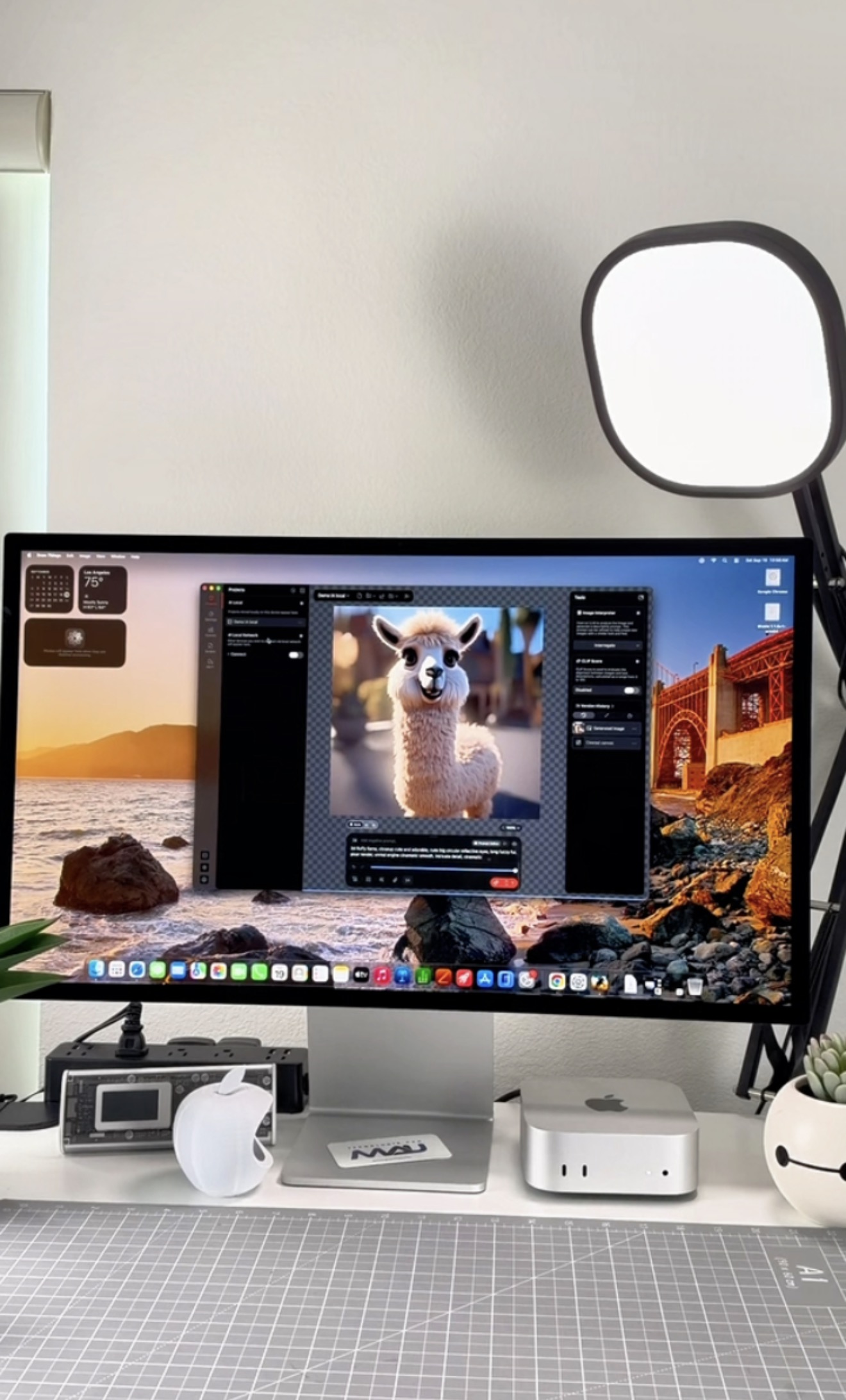 Mac mini en un escritorio con una imagen generada por IA abierta en el monitor