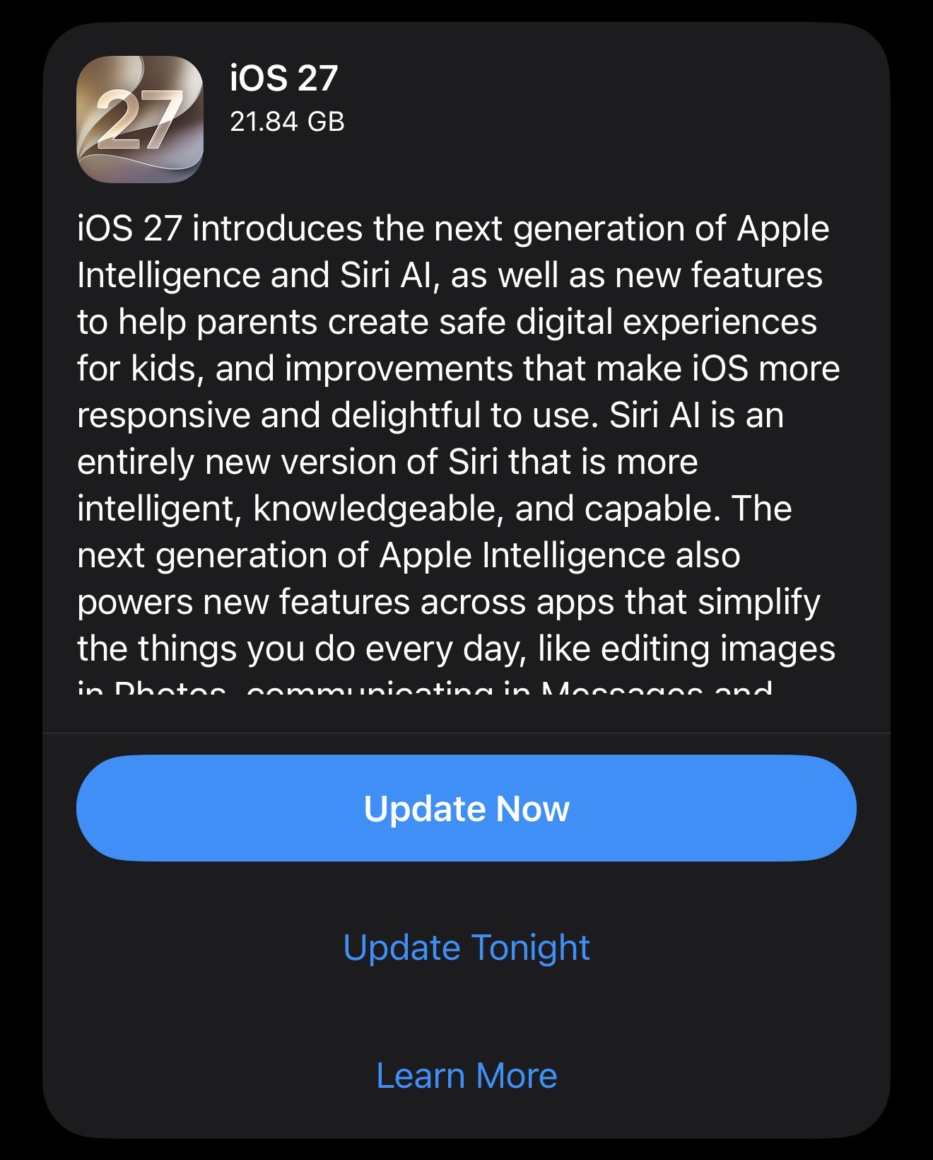 Captura del iPhone de Mau con iOS 27 disponible y una descarga de 21.84 GB