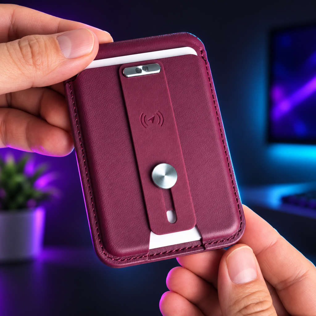ESR Geo MagSafe Wallet Burgundy con iluminación morada y cian