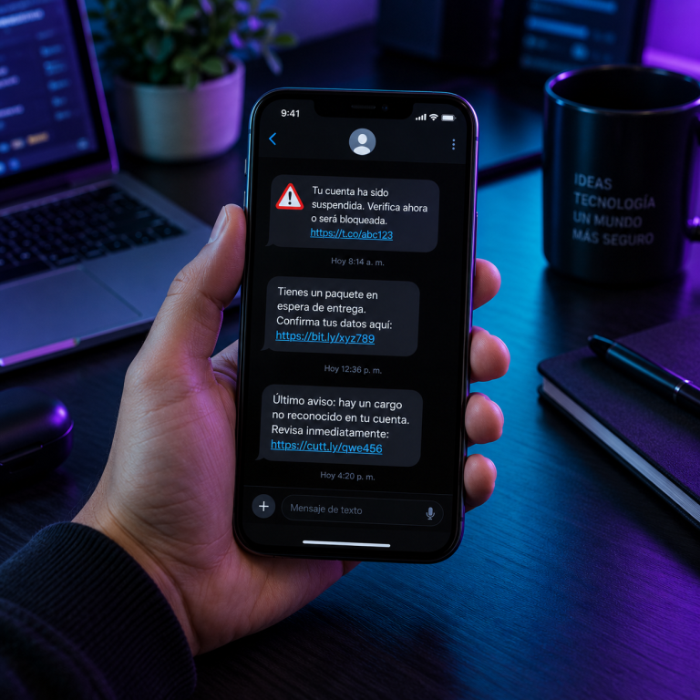 Teléfono con mensajes de texto sospechosos y alertas de seguridad