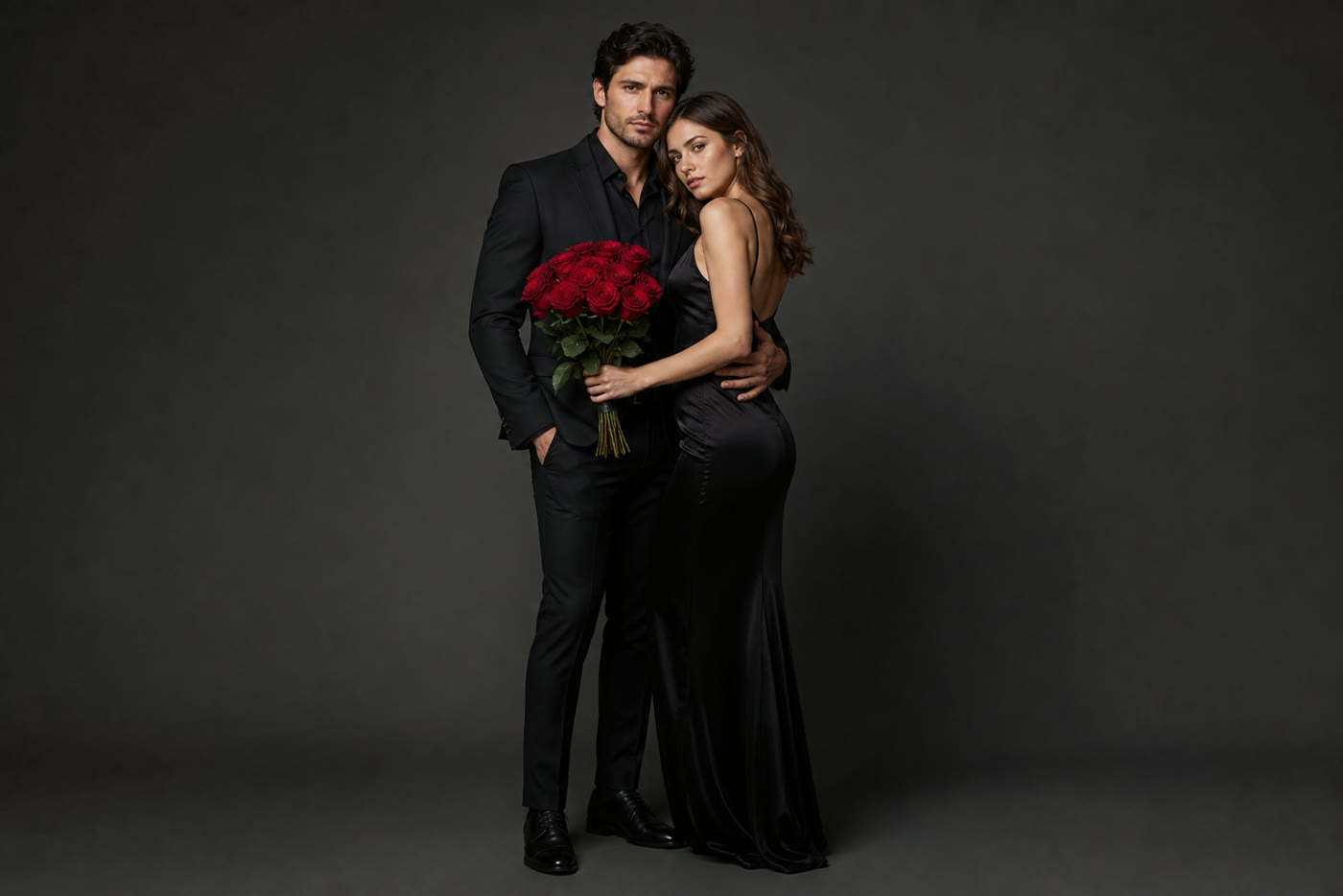 Retrato profesional de una pareja adulta en estudio con rosas