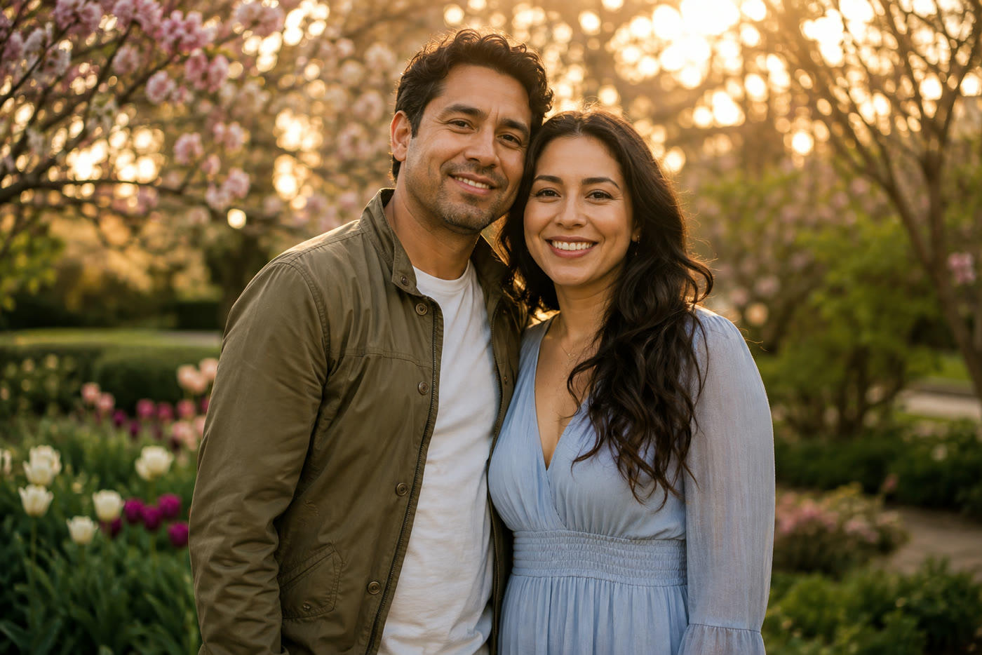 Pareja adulta en un jardín al atardecer creada como ejemplo con IA