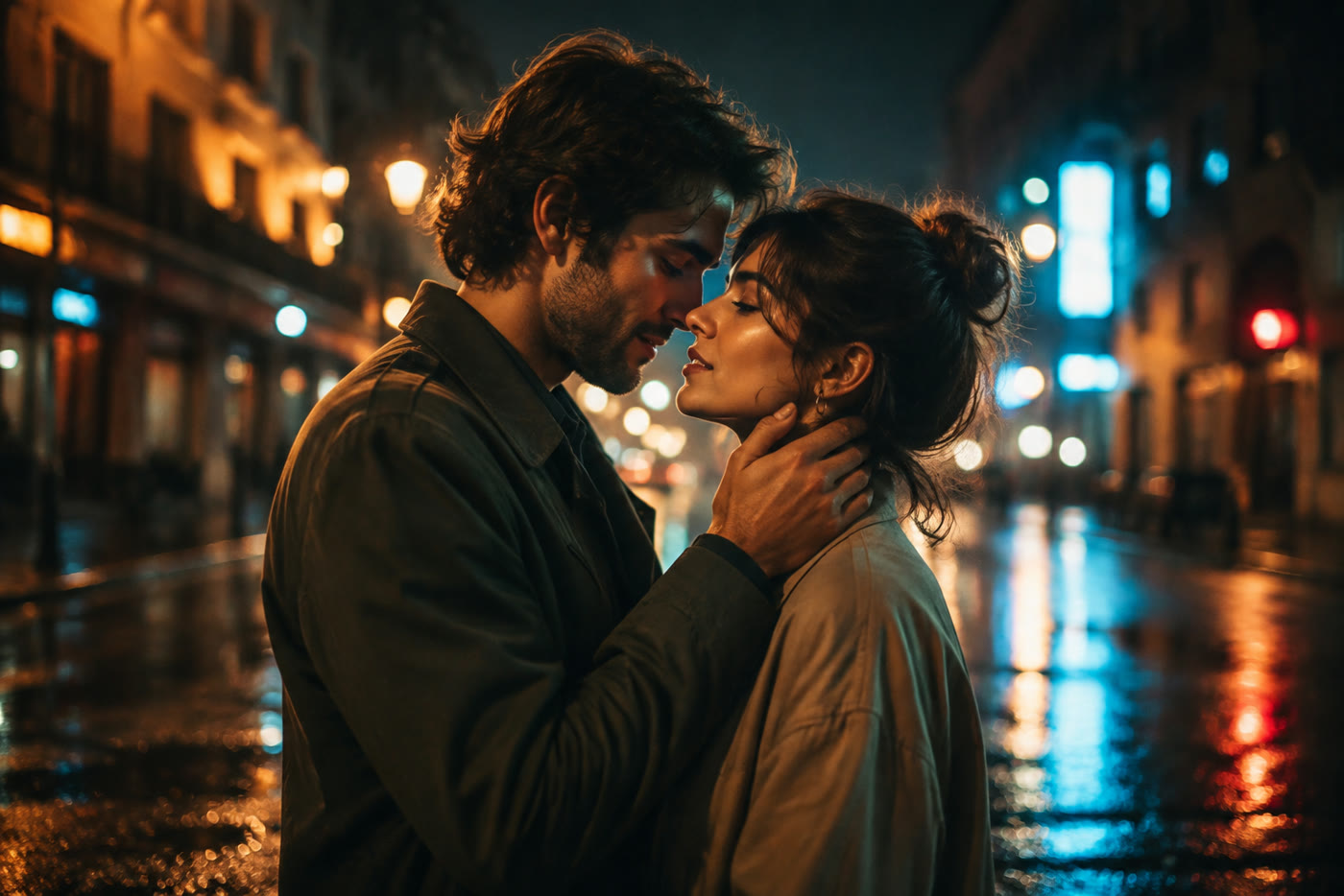 Retrato nocturno de una pareja adulta con luces de neón