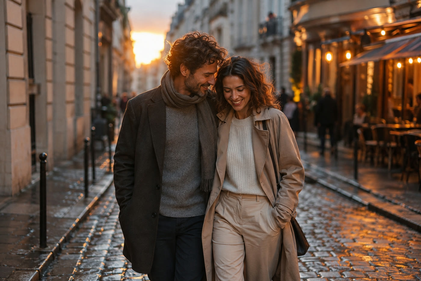 Pareja adulta caminando por una calle de París al atardecer