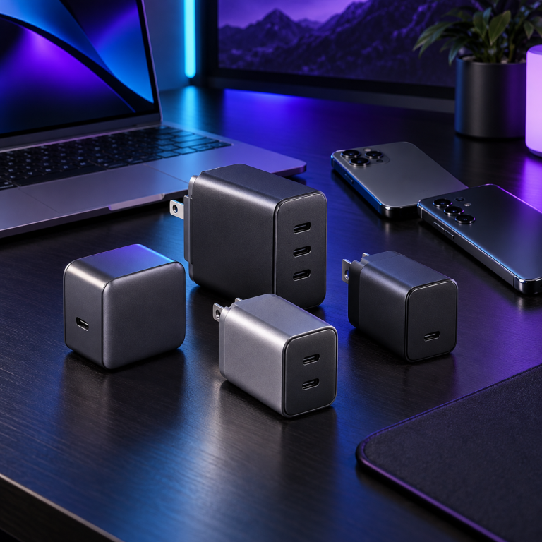 Cargadores USB-C GaN junto a un iPhone, un Samsung Galaxy y una laptop