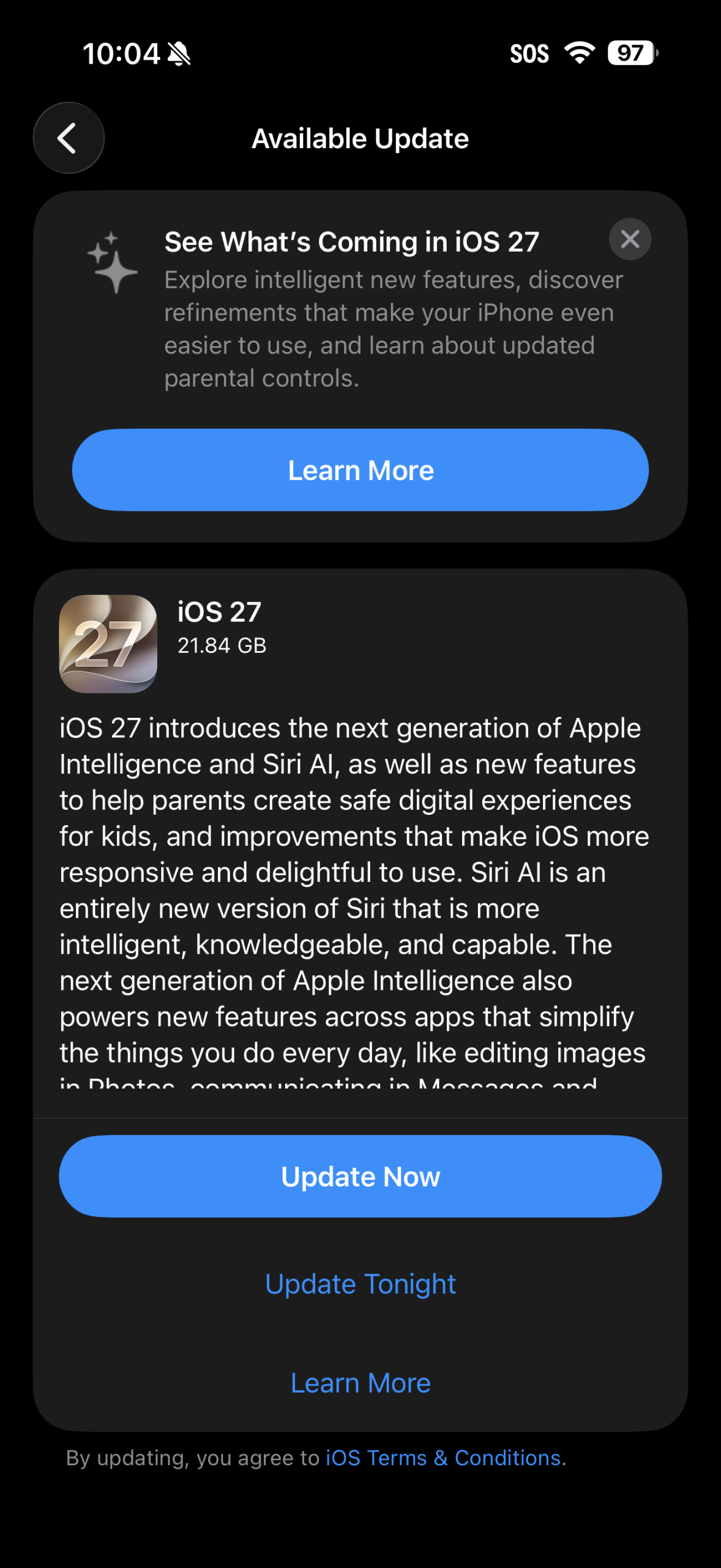 Captura original del iPhone de Mau con iOS 27 disponible y una descarga de 21.84 GB