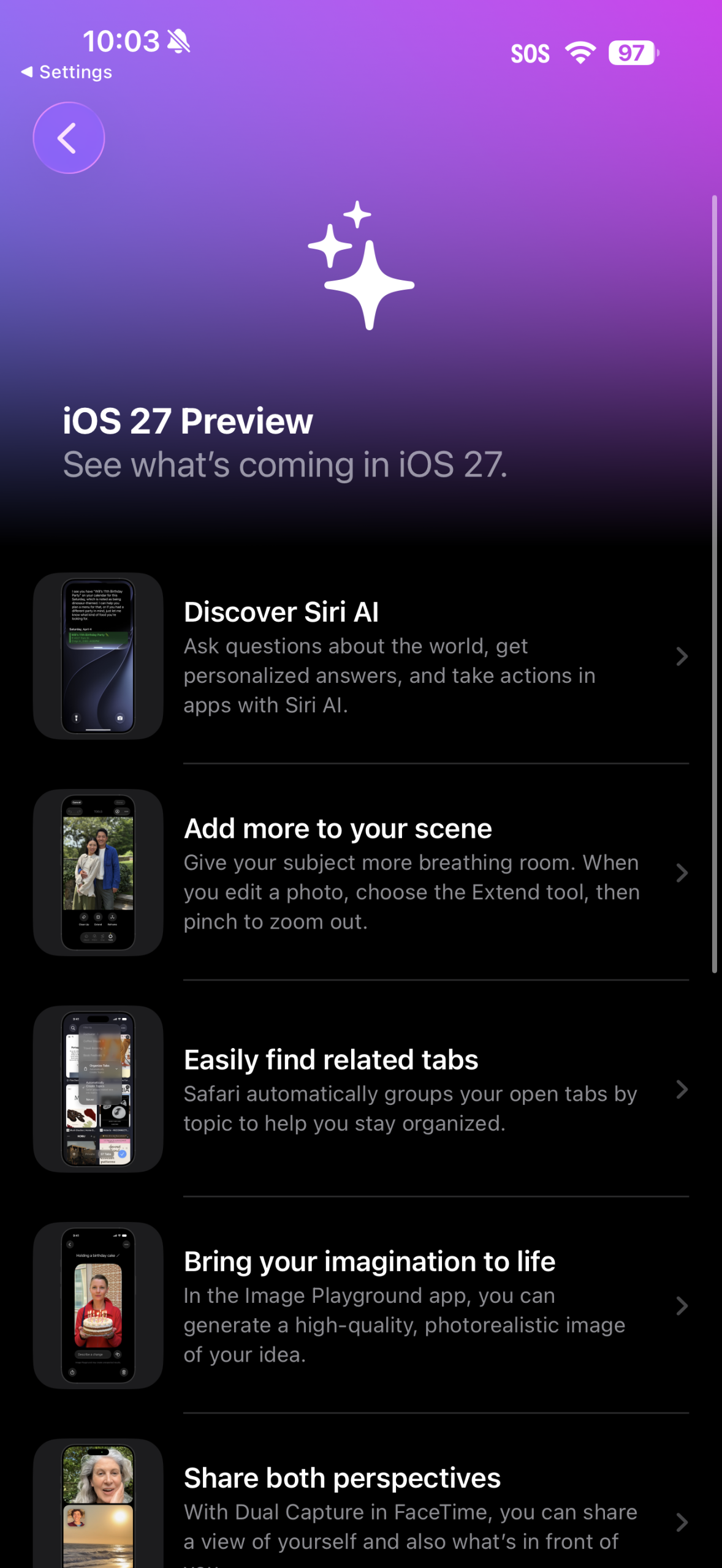 Captura original de Mau del preview de iOS 27 con Siri AI, edición de fotos, Safari, Image Playground y FaceTime