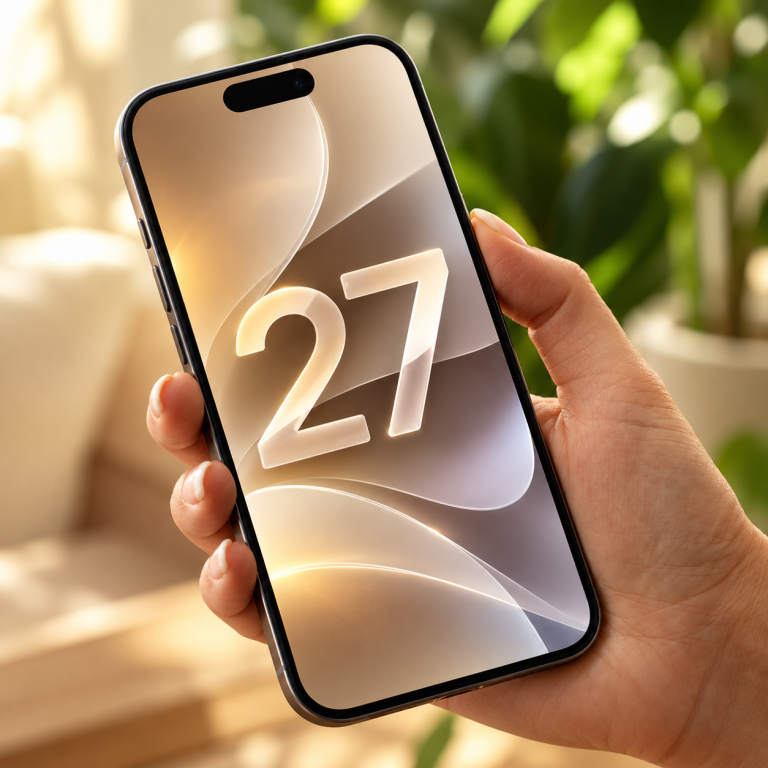iPhone con la identidad visual de iOS 27 en tonos cálidos y fondo natural