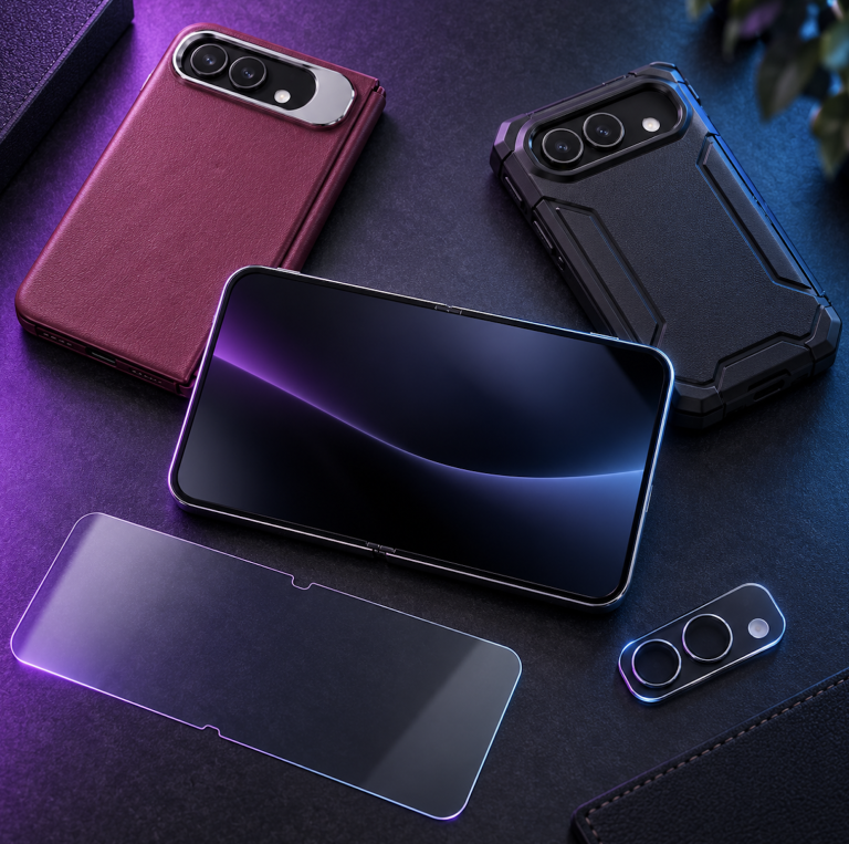 iPhone Duo acompañado de fundas, protector de pantalla y protectores para las cámaras