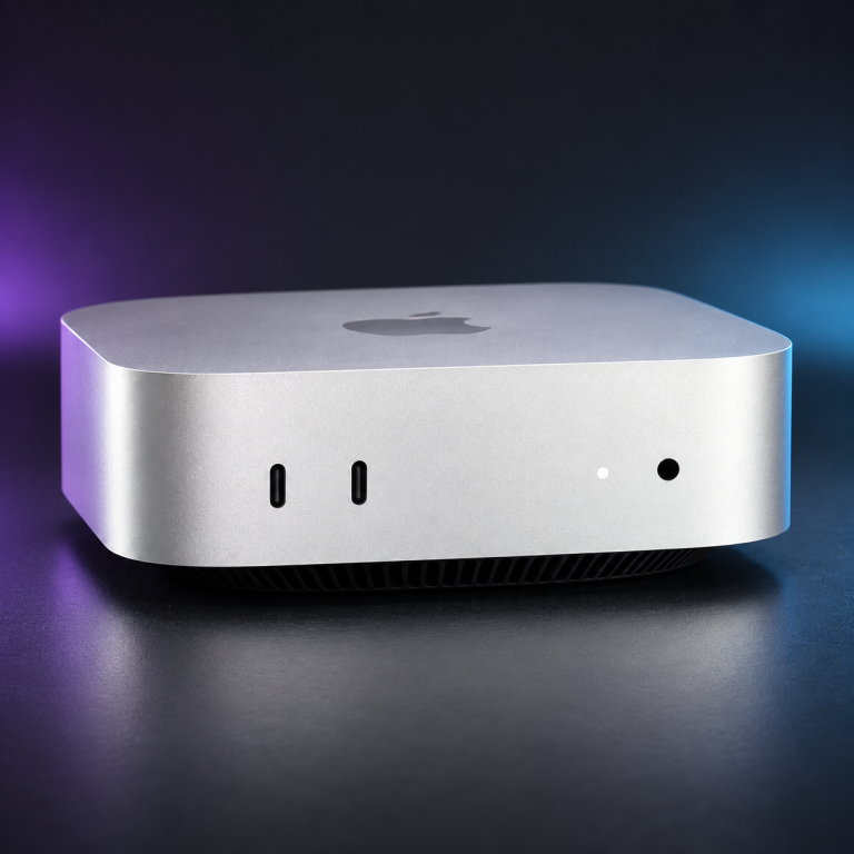 Mac mini M6 con dos puertos USB-C frontales sobre un fondo oscuro
