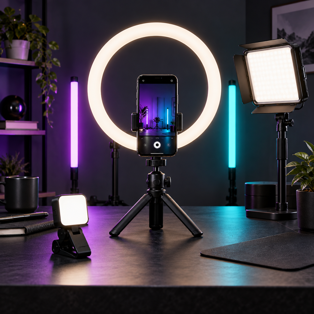 Equipo de iluminación para grabar Reels y TikTok con teléfono, aro de luz, panel LED y luces RGB