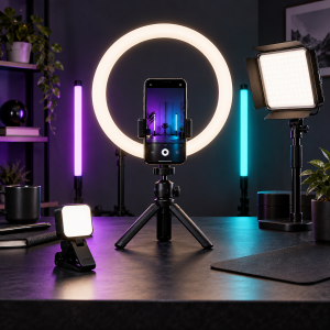 Equipo de iluminación para grabar Reels y TikTok con teléfono, aro de luz, panel LED y luces RGB