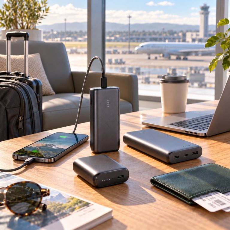 Power banks UGREEN USB-C en una mesa de aeropuerto junto a un teléfono, laptop y equipaje