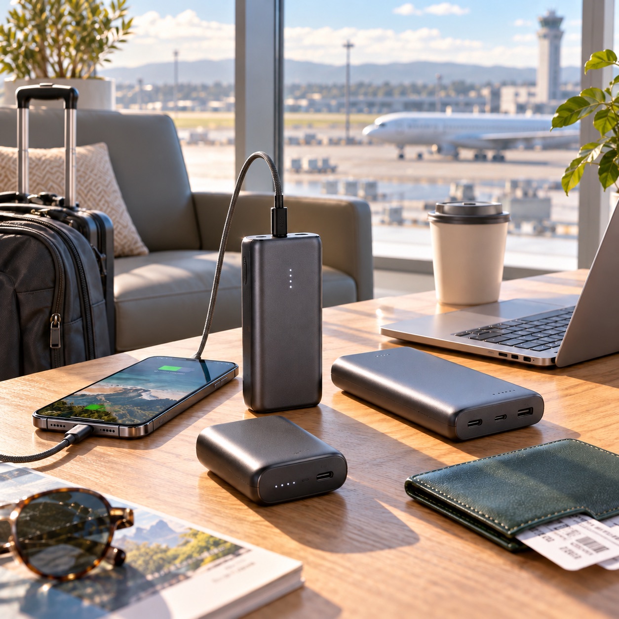 Power banks USB-C en una mesa de aeropuerto junto a teléfono, laptop y equipaje