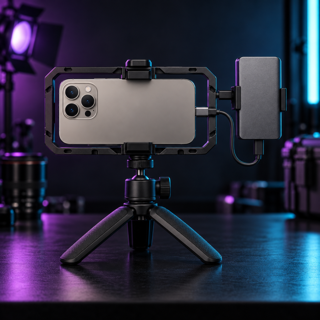 iPhone en un rig de video conectado por USB-C a un SSD externo