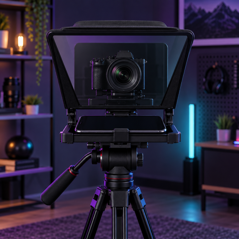 Teleprompter profesional con cámara y teléfono en un estudio para creadores