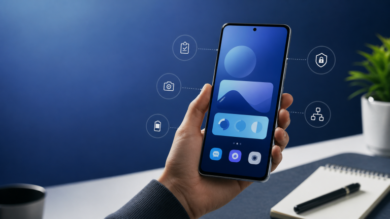 Teléfono Galaxy mostrando accesos a funciones de batería, cámara, seguridad y productividad
