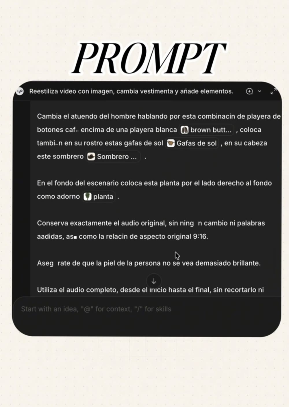 Ejemplo de prompt para cambiar ropa, fondo y accesorios de un video con IA