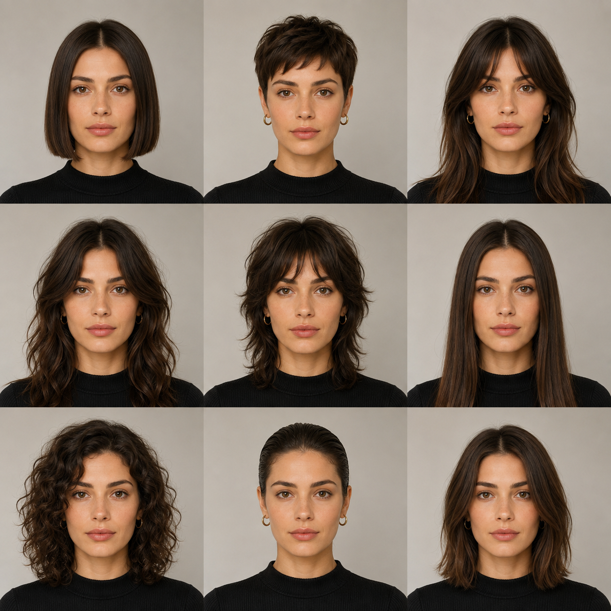 Comparación de nueve cortes de cabello creados con Gemini