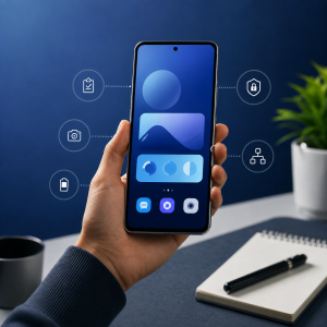 Teléfono Galaxy con accesos visuales a funciones de batería, cámara, seguridad y productividad