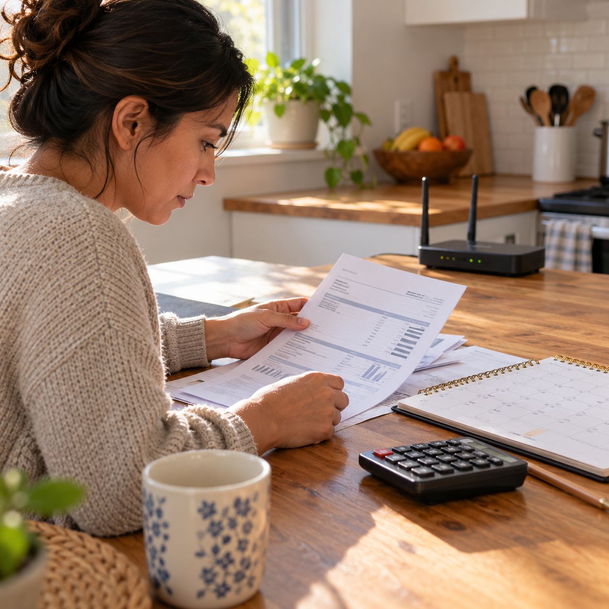 Persona revisando una factura de internet, un calendario y una calculadora en casa