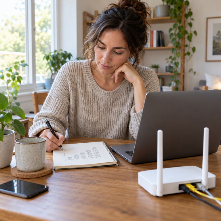Persona anotando el consumo de internet doméstico junto a un router y una computadora