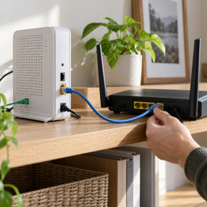 Gateway de fibra y router propio conectados mediante un cable Ethernet