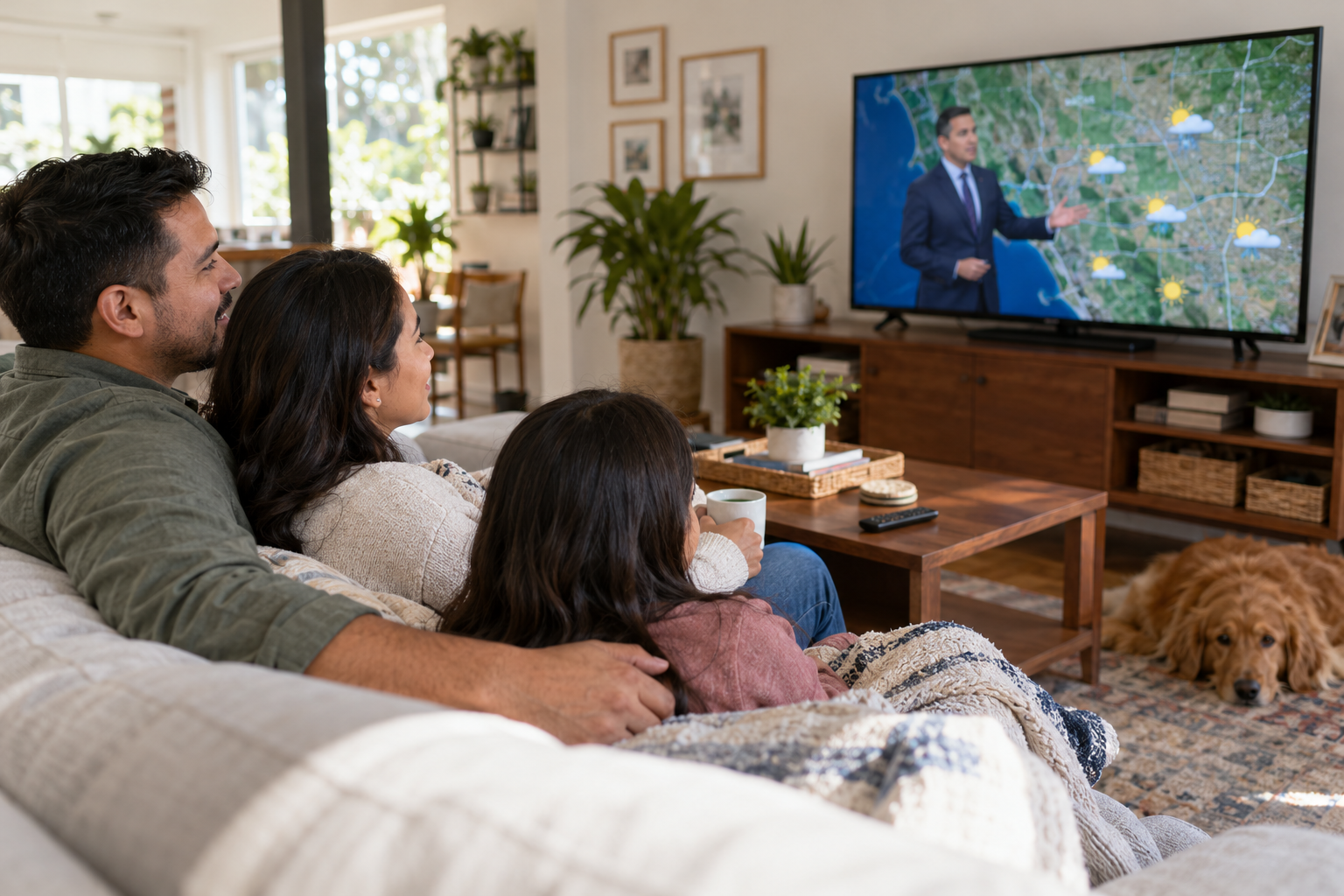 Familia viendo una transmisión local en vivo desde su sala