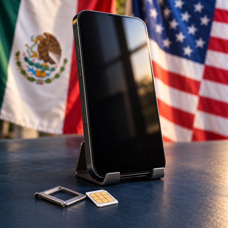 Celular y tarjeta SIM en primer plano, con banderas de México y Estados Unidos desenfocadas al fondo.