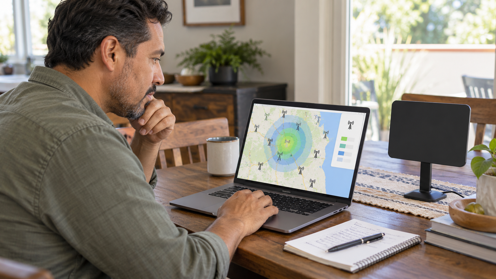 Persona revisando en una computadora un mapa de recepción de televisión por antena sin mostrar una dirección personal