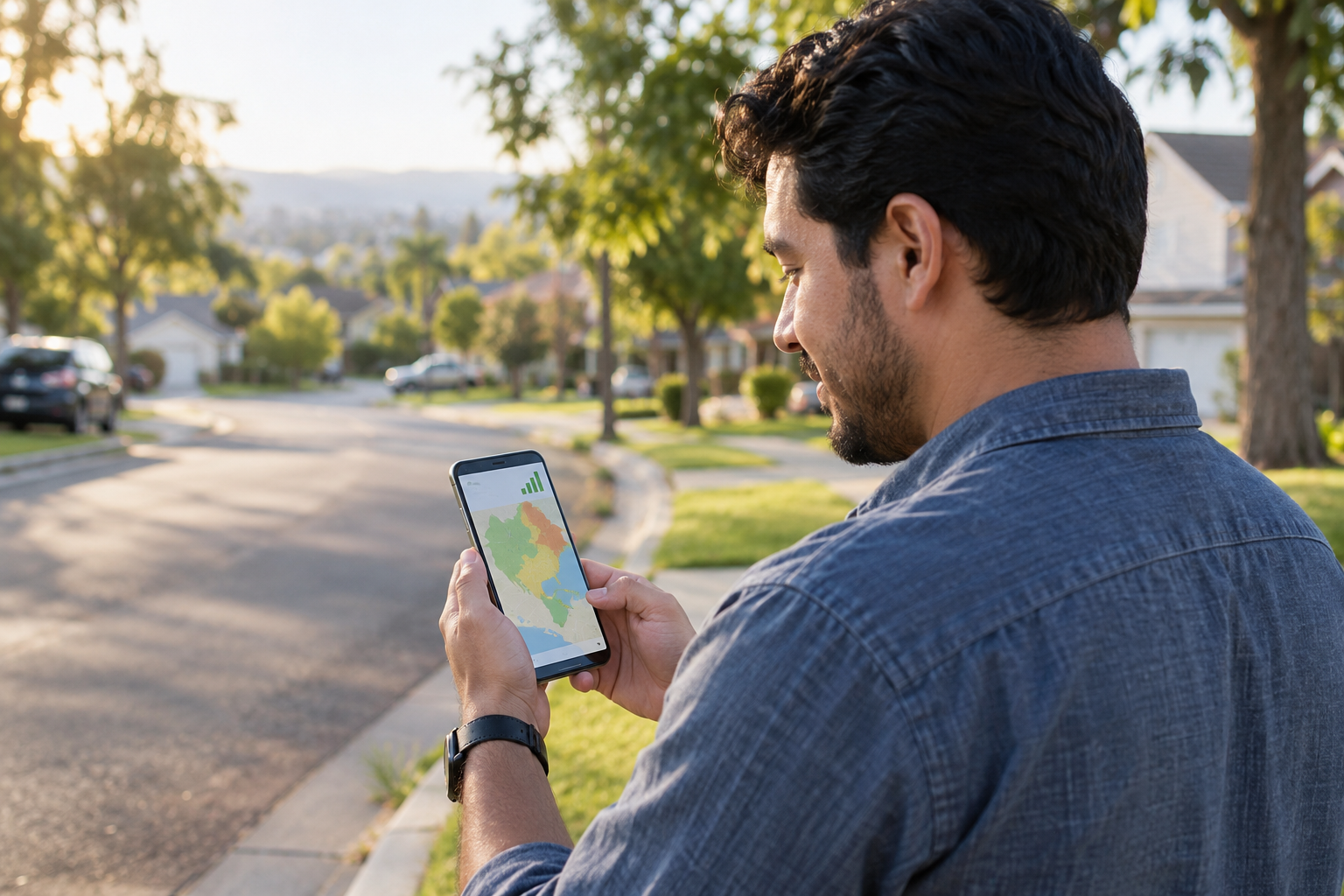 Persona comprobando un mapa de cobertura celular en una zona residencial de Estados Unidos