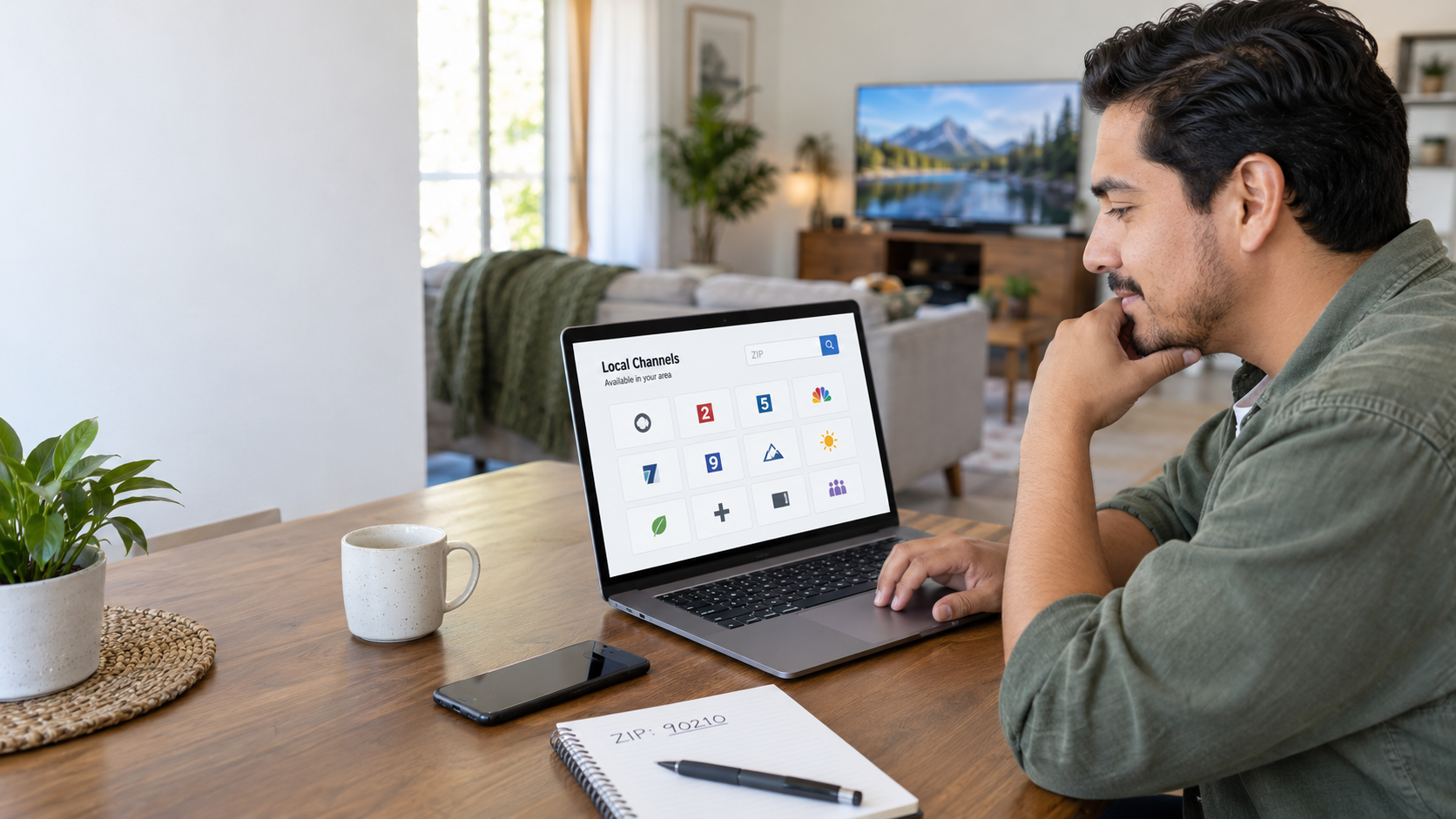 Persona comprobando en una computadora qué canales locales están disponibles para su código postal
