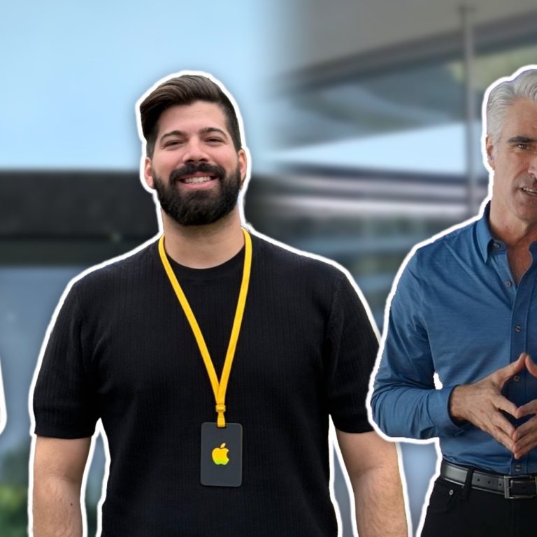 Mau Lozano y Craig Federighi en Apple Park con iconos de iOS 26, iCloud y Fotos