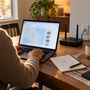 Persona comprobando la disponibilidad de internet residencial por dirección junto a un router